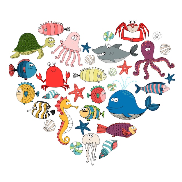 vissen en zeedieren in de vorm van een hart,