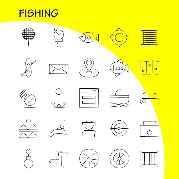 Gratis vector vissen handgetekend icon pack voor ontwerpers en ontwikkelaars iconen van wheel gear circle reel fish fishing fishing reel vector