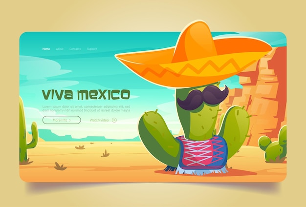 Gratis vector viva mexico cartoon bestemmingspagina, grappige mexicaanse cactus met snorren in sombrero en poncho in woestijnlandschap. traditionele latijnse vakantie of fiesta party viering concept, vector webbanner