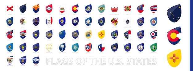 Vlaggen van de amerikaanse staat in rugbystijl. big rugby icon set met preview vlag van alaska, colorado, new mexico.