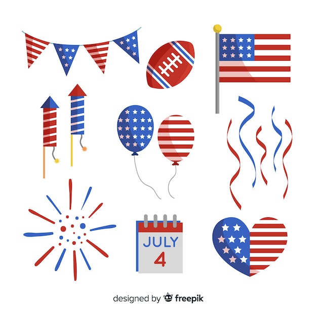 Gratis vector vlak 4 juli - verzameling van onafhankelijkheidsdagelementen