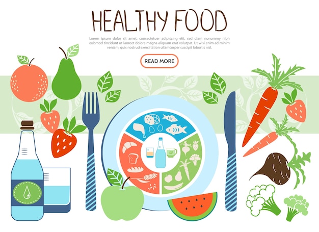 Gratis vector vlak gezond voedselconcept met fruit, groenten, plaat, vork, mes, fles, en, glas water, illustratie