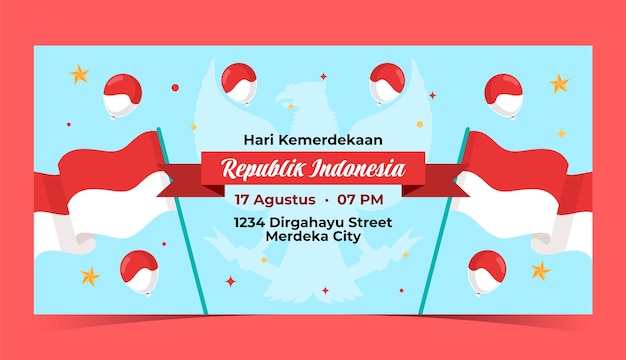 Gratis vector vlak horizontaal bannermalplaatje voor de viering van de onafhankelijkheidsdag van indonesië