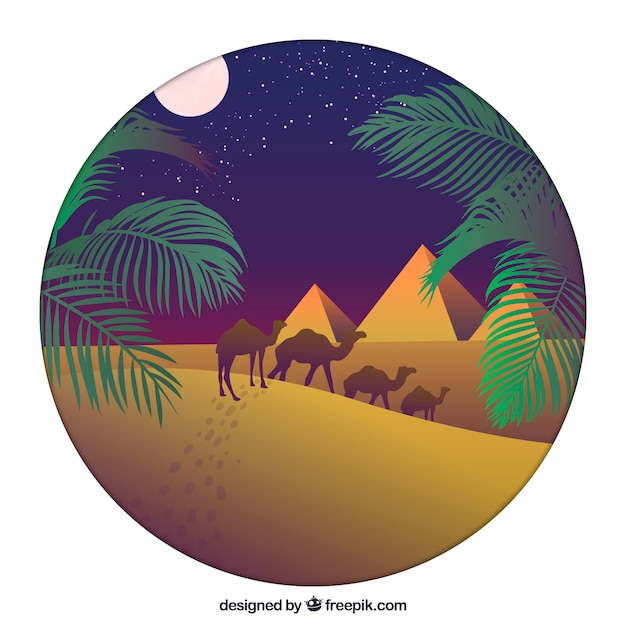 Gratis vector vlak nachtlandschap met egyptische piramides en caravan van kamelen