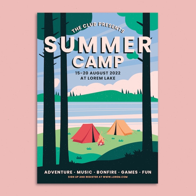 Vlak ontwerp zomerkamp poster sjabloon