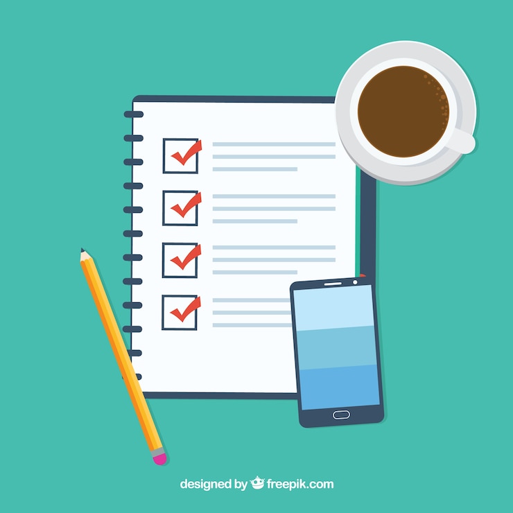 Gratis Vector vlakke achtergrond met checklist, kopje koffie en mobiele telefoon