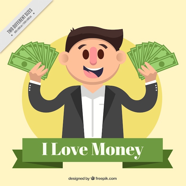 Gratis vector vlakke achtergrond van de glimlachende mens met geld