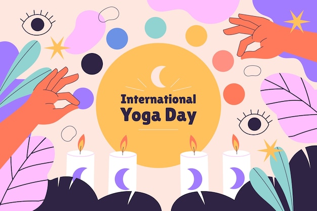 Gratis vector vlakke achtergrond voor de viering van de internationale yogadag