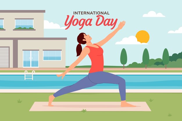 Gratis vector vlakke achtergrond voor de viering van de internationale yogadag