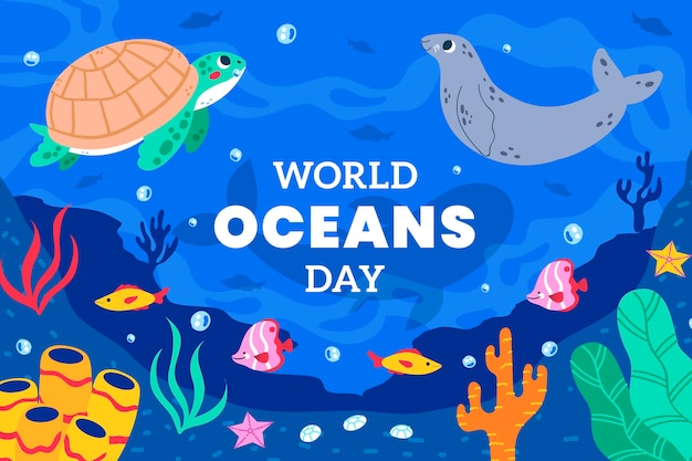 Gratis vector vlakke achtergrond voor de viering van de wereldoceanendag met het oceanische leven