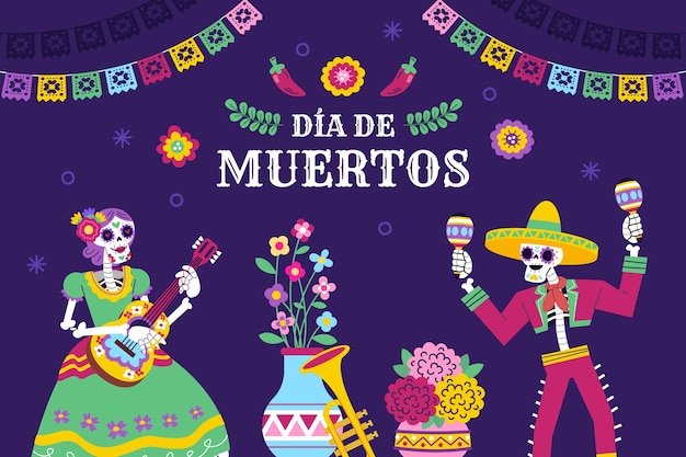 Gratis vector vlakke achtergrond voor de viering van dia de muertos