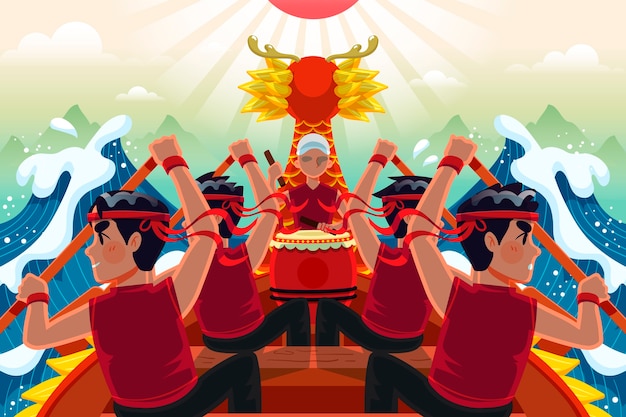 Gratis vector vlakke achtergrond voor de viering van het chinese drakenbootfestival