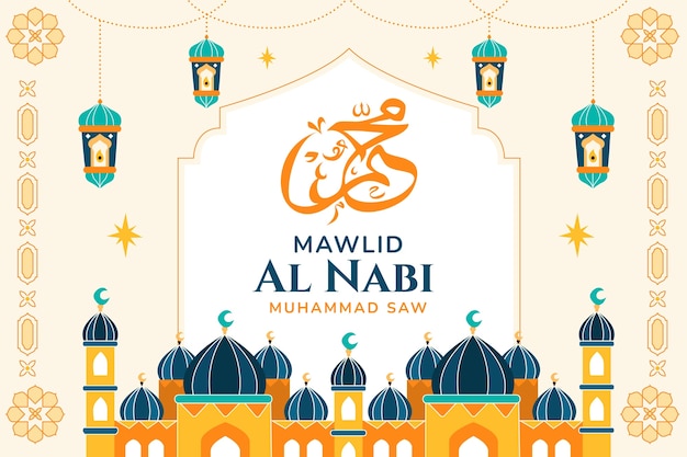 Gratis vector vlakke achtergrond voor de viering van mawlid al-nabi