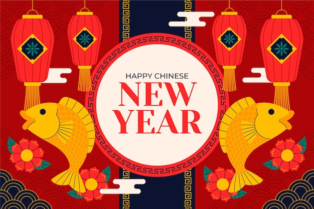 Gratis vector vlakke achtergrond voor het chinese nieuwjaarsfeest