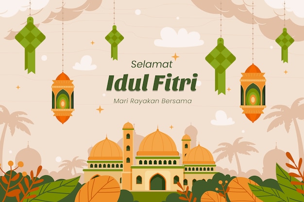 Gratis vector vlakke achtergrond voor islamitische eid al-fitr-viering