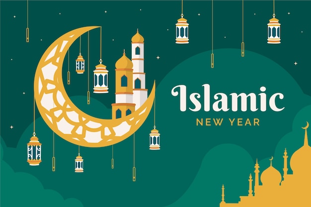 Gratis vector vlakke achtergrond voor islamitische nieuwjaarsviering