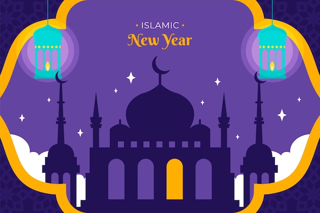 Gratis vector vlakke achtergrond voor islamitische nieuwjaarsviering