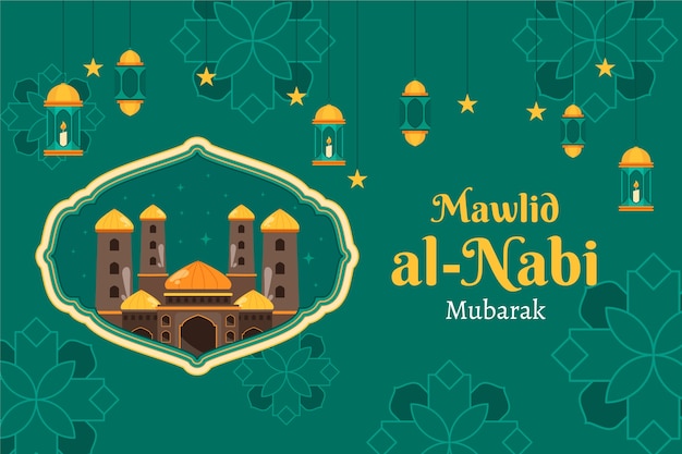 Gratis vector vlakke achtergrond voor mawlid al-nabi vakantie