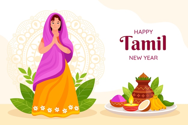 Gratis vector vlakke achtergrond voor tamil nieuwjaarsviering