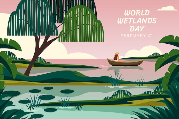 Gratis vector vlakke achtergrond voor wereldwetlandsdag met flora en fauna