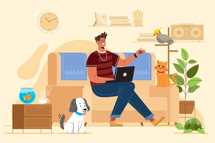 Gratis Vector vlakke afbeelding man met huisdieren binnenshuis