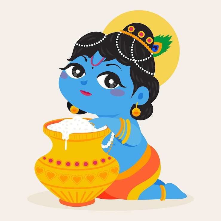 Gratis Vector vlakke afbeelding van baby krishna die boter eet