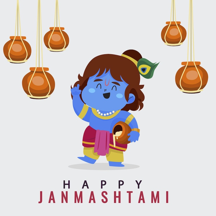 Gratis Vector vlakke afbeelding van baby krishna die boter eet