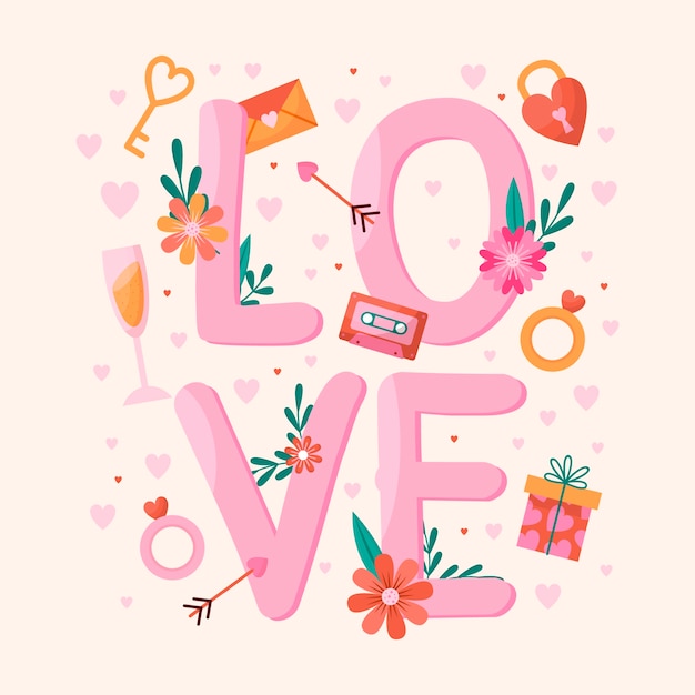 Vlakke afbeelding van het woord liefde voor valentijnsdag