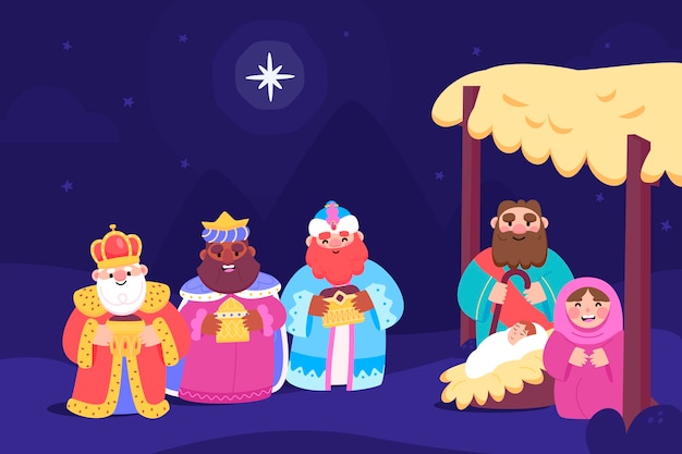 Gratis vector vlakke afbeelding van reyes magos die aankomen op de kerststal