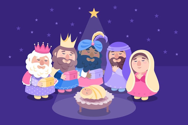 Gratis vector vlakke afbeelding van reyes magos die aankomen op de kerststal