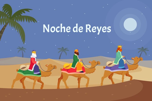 Vlakke afbeelding van reyes magos die aankomen op de kerststal