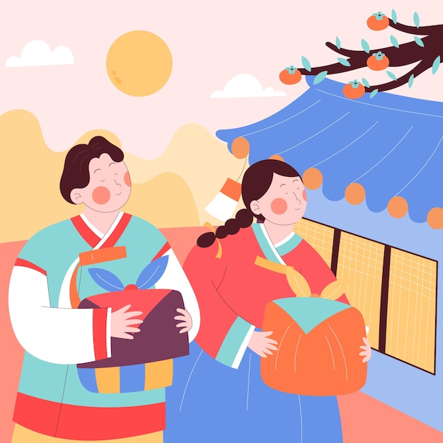 Gratis vector vlakke afbeelding voor de koreaanse chuseok-festivalviering