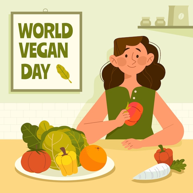 Gratis vector vlakke afbeelding voor de viering van de wereld veganistische dag