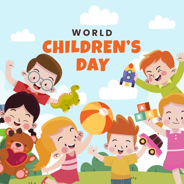 Vlakke afbeelding voor de viering van de wereldkinderdag met spelende kinderen