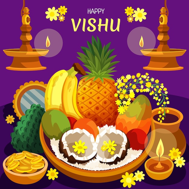 Gratis vector vlakke afbeelding voor de viering van het hindoe vishu-festival