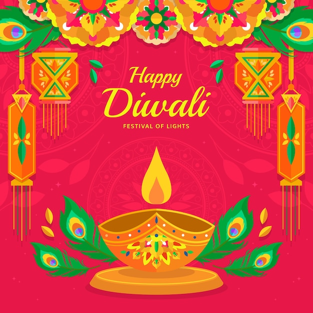 Gratis vector vlakke afbeelding voor diwali-festivalviering