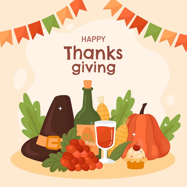 Gratis vector vlakke afbeelding voor thanksgiving-feest met pompoen en gesphoed