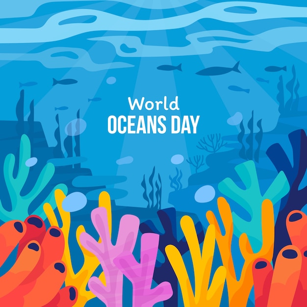 Gratis vector vlakke afbeelding voor wereld oceanen dag met oceanisch leven