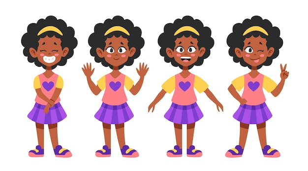 Gratis vector vlakke afbeelding zwart meisje in verschillende poses