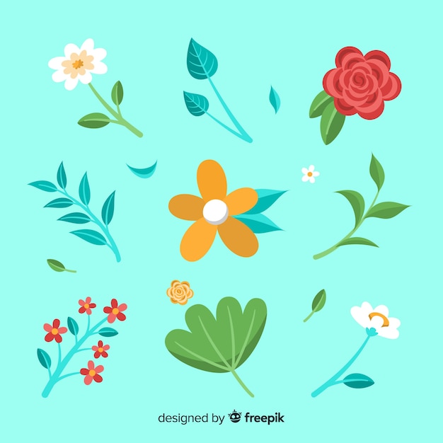 Gratis vector vlakke bloem en bladcollectie