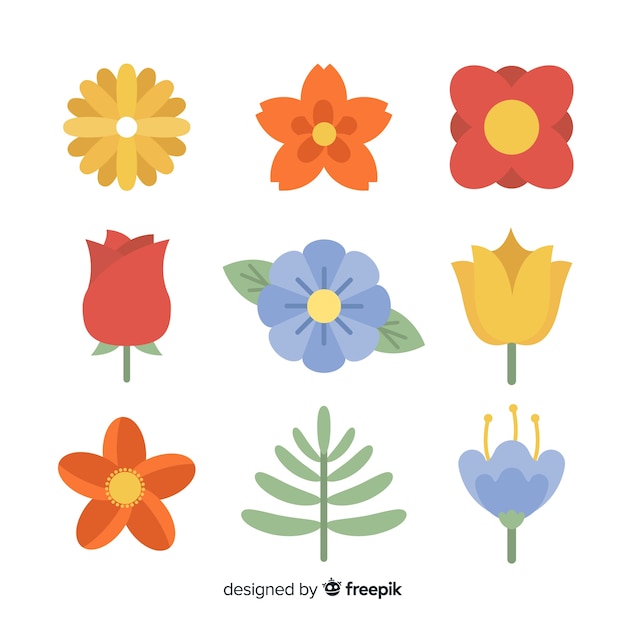 Gratis vector vlakke bloem en bladcollectie