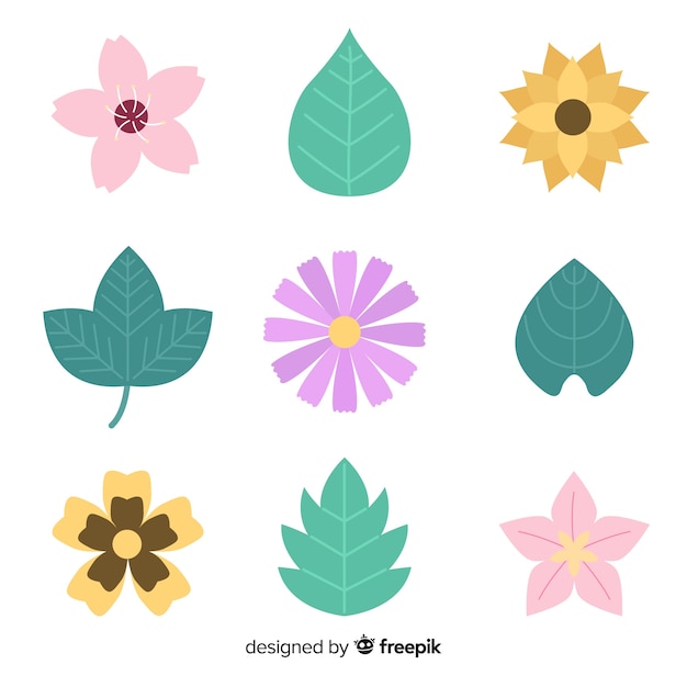 Gratis vector vlakke bloemen en bladeren