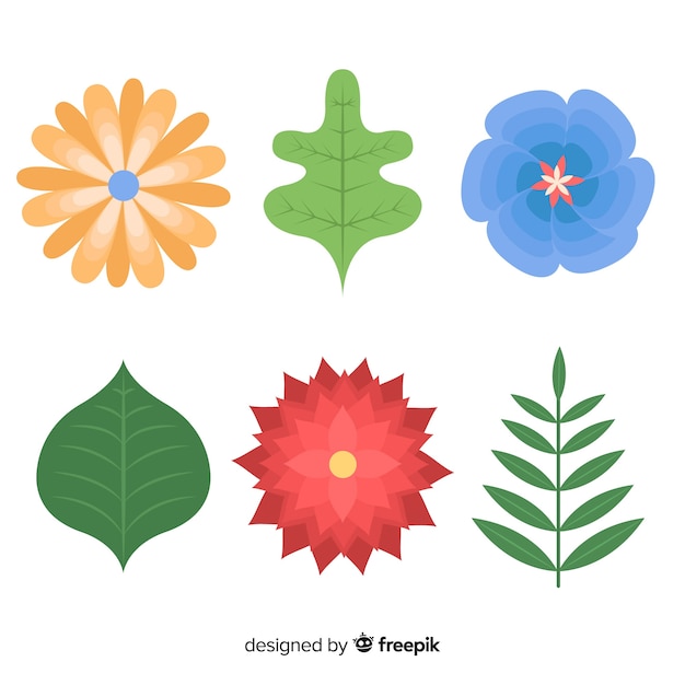 Gratis vector vlakke bloemen en bladeren