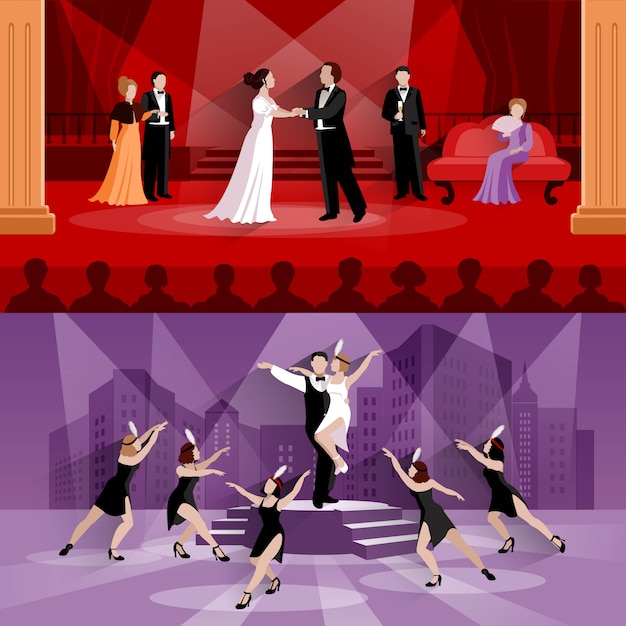 Gratis vector vlakke composities van twee theatertaferelen