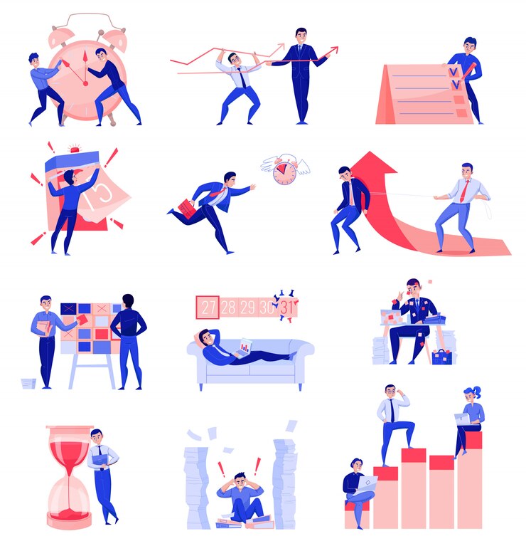 Gratis Vector vlakke de pictogrammeninzameling van het tijdbeheer met programma planning deadline groepswerk coördinatie zandloper wekker vectorillustratie