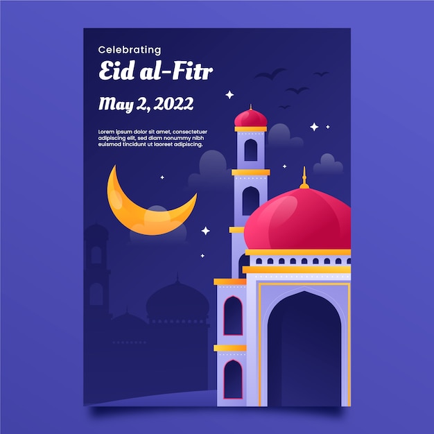 Gratis vector vlakke eid al-fitr groetkaart sjabloon met tempel