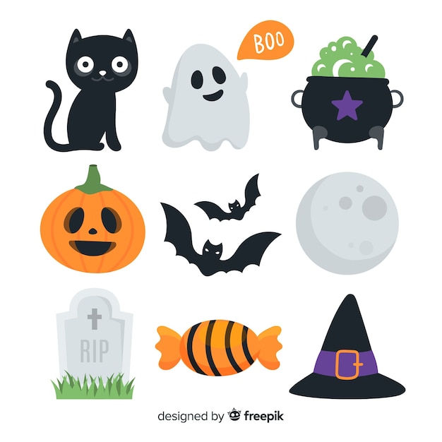 Gratis vector vlakke halloween-elementeninzameling op witte achtergrond