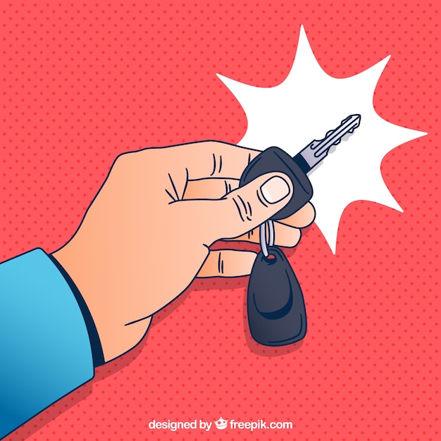 Gratis vector vlakke hand met auto sleutel achtergrond