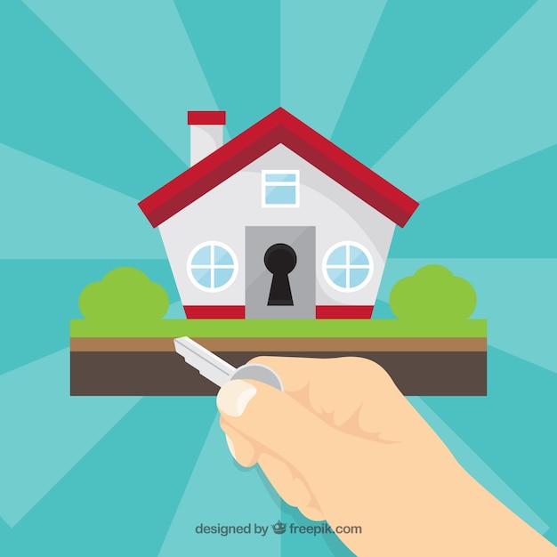 Gratis vector vlakke hand met huis sleutel achtergrond