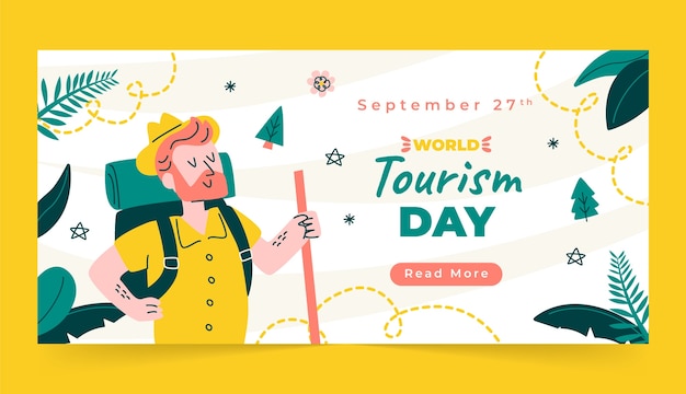 Gratis vector vlakke horizontale banner sjabloon voor de viering van de wereld toerisme dag